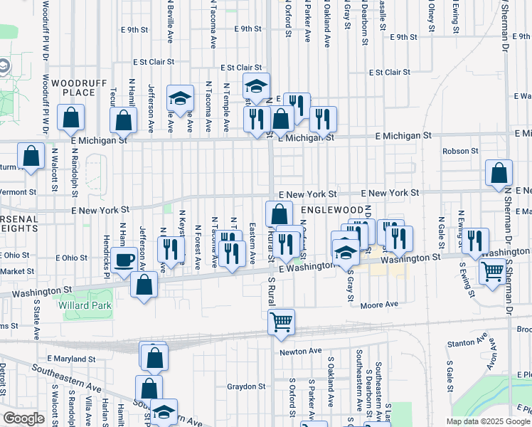 map of restaurants, bars, coffee shops, grocery stores, and more near 238 North Rural Street in Indianapolis