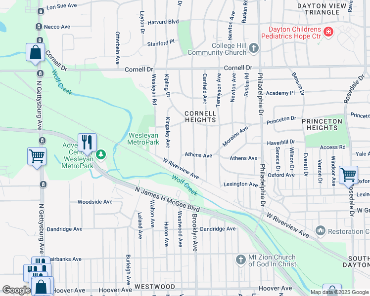map of restaurants, bars, coffee shops, grocery stores, and more near 1315 Alcott Avenue in Dayton
