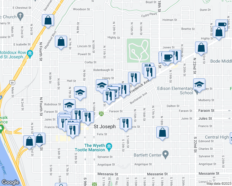 map of restaurants, bars, coffee shops, grocery stores, and more near 603 North 12th Street in Saint Joseph
