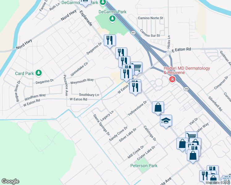 map of restaurants, bars, coffee shops, grocery stores, and more near 108 West Eaton Road in Chico