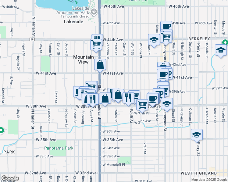 map of restaurants, bars, coffee shops, grocery stores, and more near 3895 Yates Street in Denver