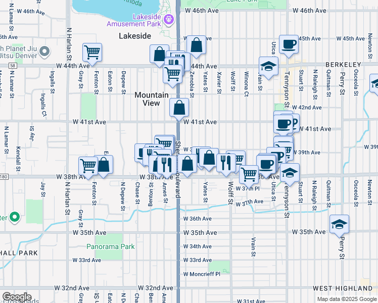 map of restaurants, bars, coffee shops, grocery stores, and more near 3895 Zenobia Street in Denver