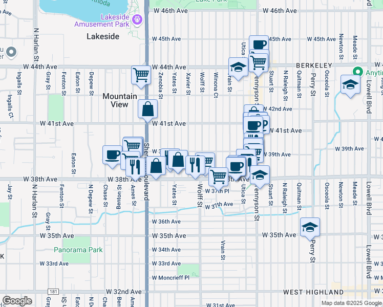 map of restaurants, bars, coffee shops, grocery stores, and more near 3896 Xavier Street in Denver