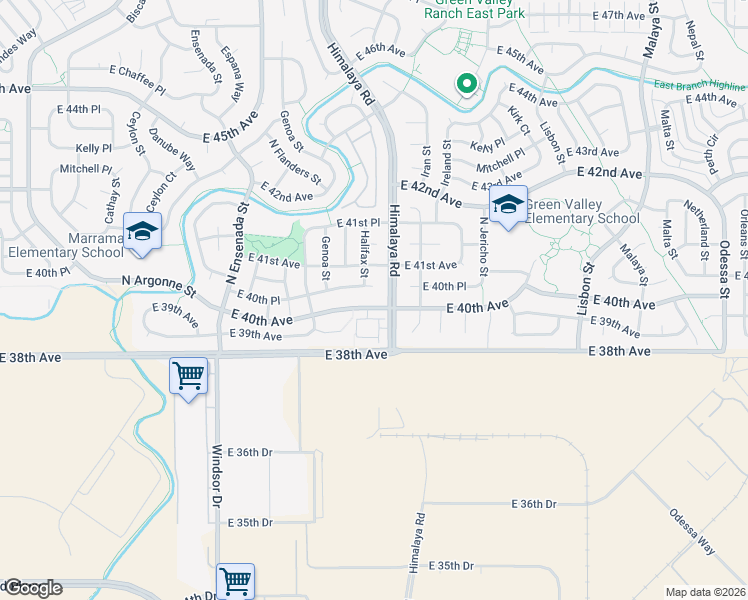 map of restaurants, bars, coffee shops, grocery stores, and more near 20071 East 40th Avenue in Denver