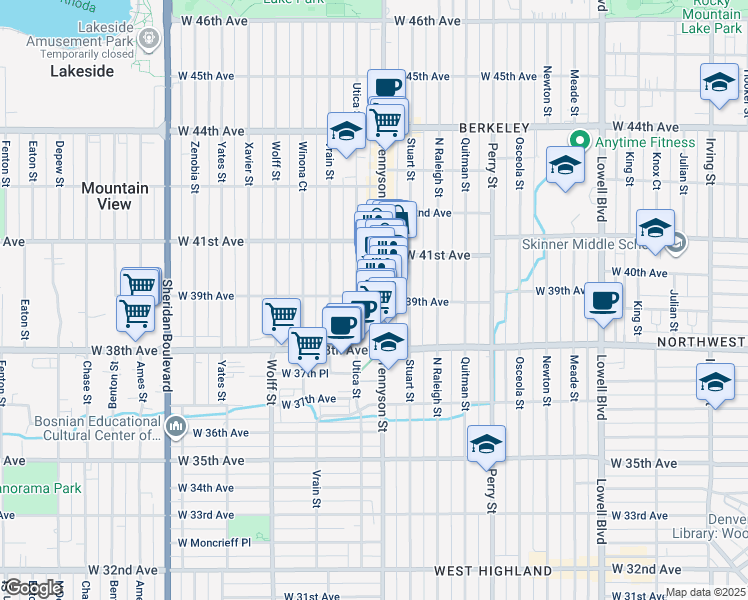 map of restaurants, bars, coffee shops, grocery stores, and more near 4436 West 39th Avenue in Denver