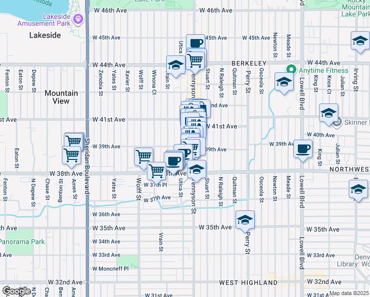 map of restaurants, bars, coffee shops, grocery stores, and more near 4436 West 39th Avenue in Denver