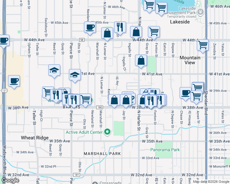 map of restaurants, bars, coffee shops, grocery stores, and more near 3990 Jay Street in Wheat Ridge