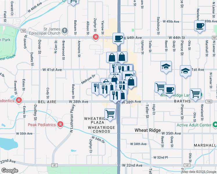 map of restaurants, bars, coffee shops, grocery stores, and more near 7720 West 39th Avenue in Wheat Ridge