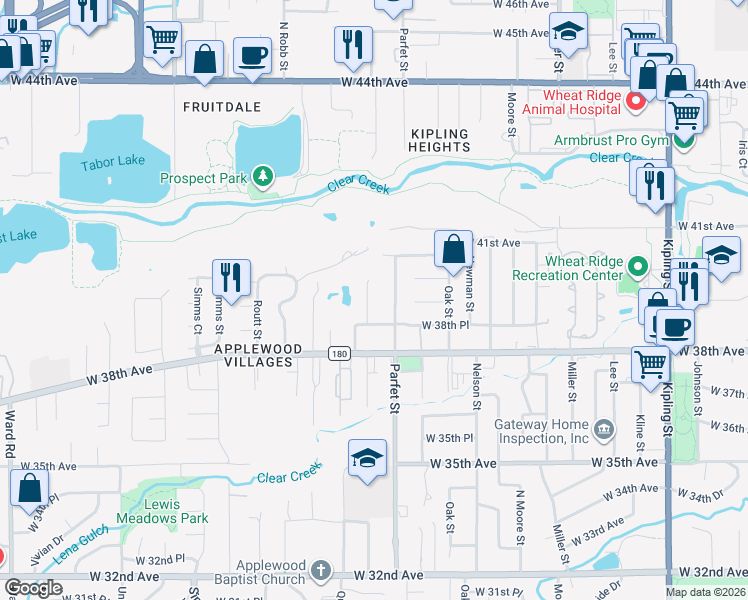 map of restaurants, bars, coffee shops, grocery stores, and more near 3905 Pierson Street in Wheat Ridge
