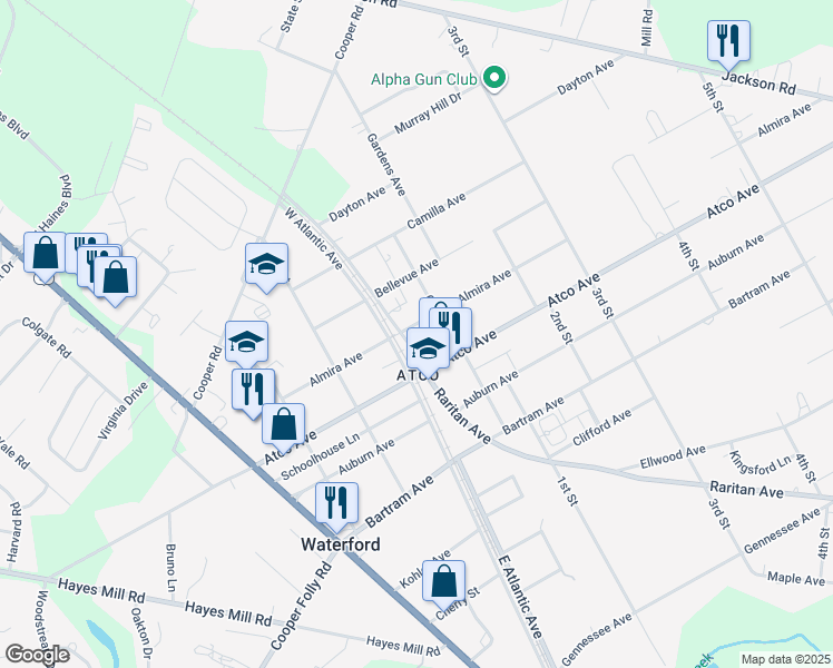 map of restaurants, bars, coffee shops, grocery stores, and more near in Waterford