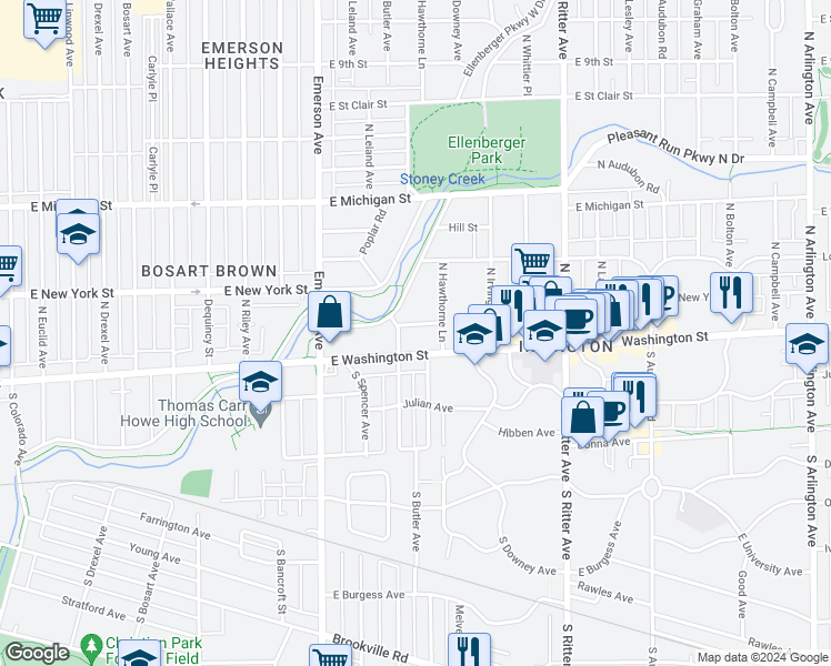 map of restaurants, bars, coffee shops, grocery stores, and more near 5200 East Market Street in Indianapolis