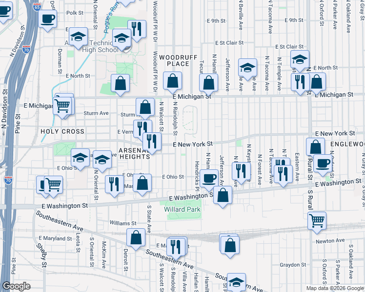 map of restaurants, bars, coffee shops, grocery stores, and more near 273 Parkview Avenue in Indianapolis