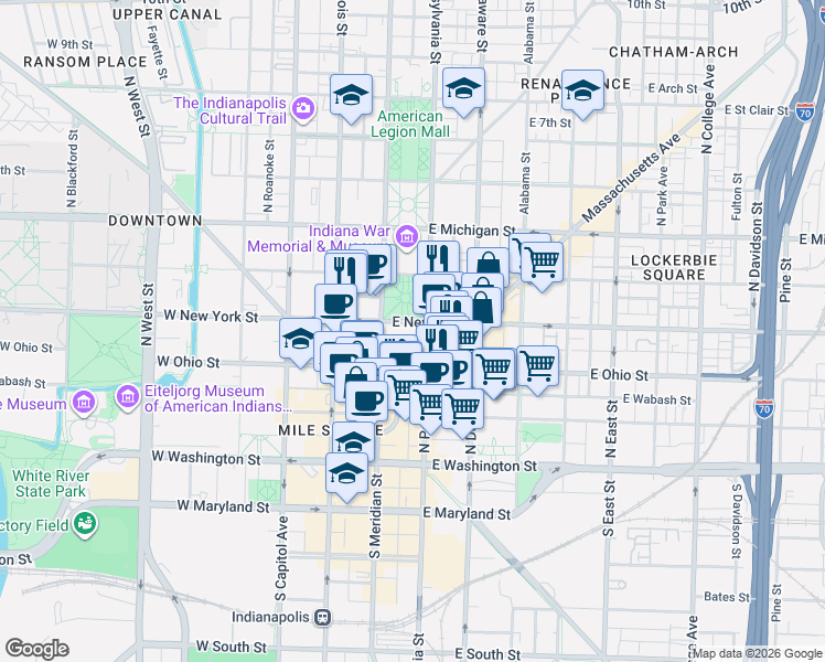 map of restaurants, bars, coffee shops, grocery stores, and more near 40 East Saint Clair Street in Indianapolis