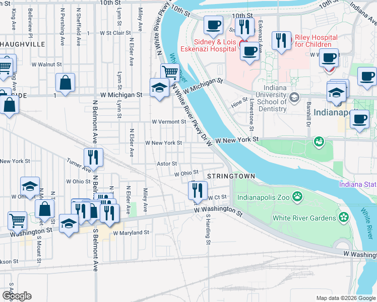 map of restaurants, bars, coffee shops, grocery stores, and more near 1530 Saulcy Street in Indianapolis
