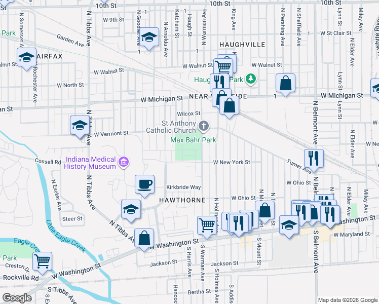 map of restaurants, bars, coffee shops, grocery stores, and more near 300 North Warman Avenue in Indianapolis