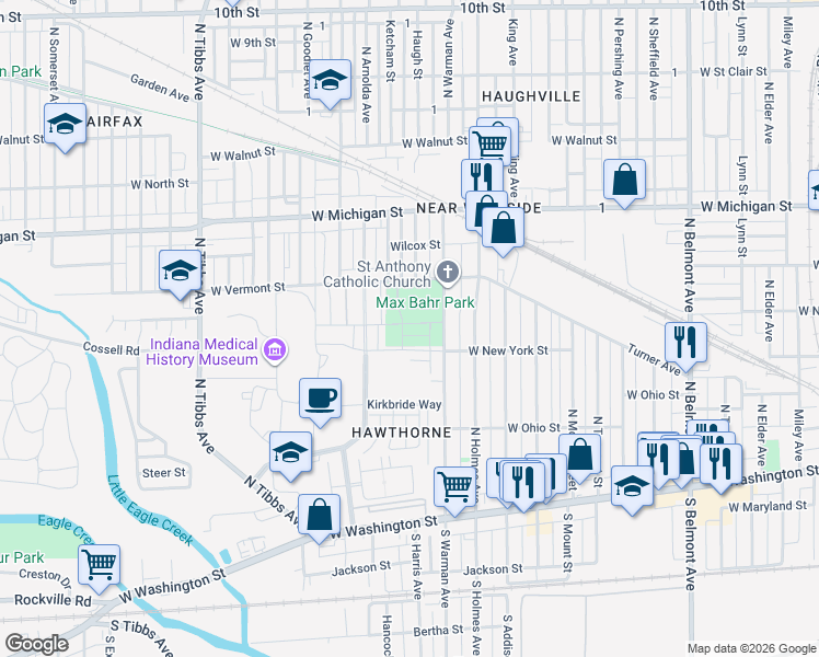 map of restaurants, bars, coffee shops, grocery stores, and more near 300 North Warman Avenue in Indianapolis