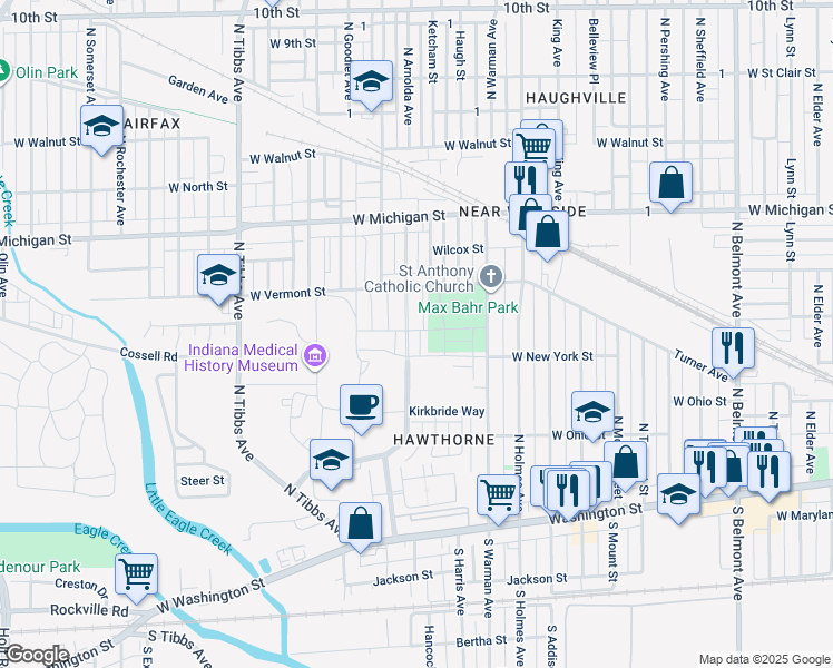 map of restaurants, bars, coffee shops, grocery stores, and more near 329 Steeples Boulevard in Indianapolis