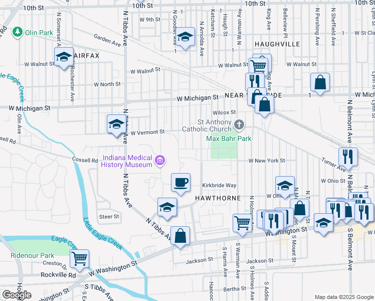 map of restaurants, bars, coffee shops, grocery stores, and more near 3109 Bolton Square Boulevard in Indianapolis