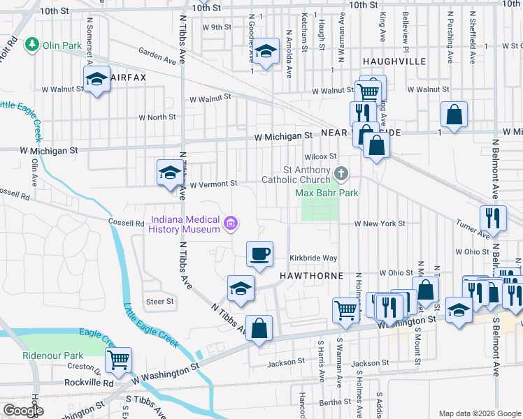 map of restaurants, bars, coffee shops, grocery stores, and more near 3101-3199 West Vermont Street in Indianapolis