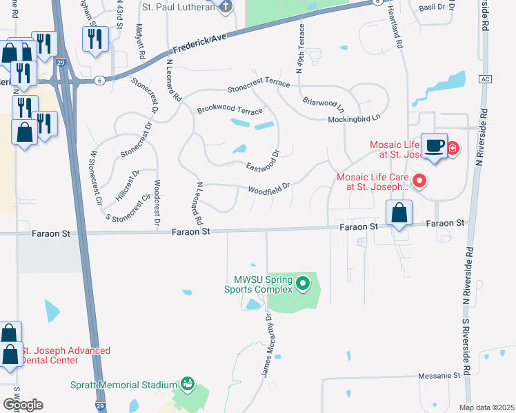 map of restaurants, bars, coffee shops, grocery stores, and more near 501 Edgewood Court in Saint Joseph