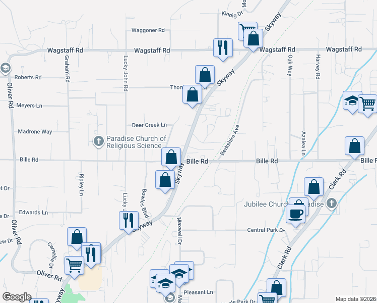 map of restaurants, bars, coffee shops, grocery stores, and more near 7654 Skyway in Paradise