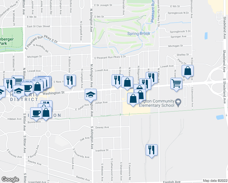 map of restaurants, bars, coffee shops, grocery stores, and more near 6109 East Washington Street in Indianapolis