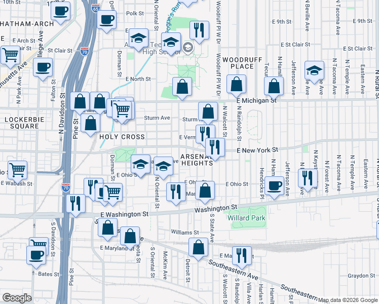 map of restaurants, bars, coffee shops, grocery stores, and more near 323 North Arsenal Avenue in Indianapolis