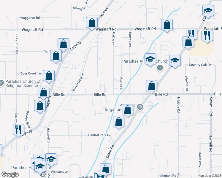 map of restaurants, bars, coffee shops, grocery stores, and more near 6209 Oak Way in Paradise