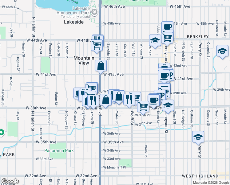 map of restaurants, bars, coffee shops, grocery stores, and more near 3895 Yates Street in Denver