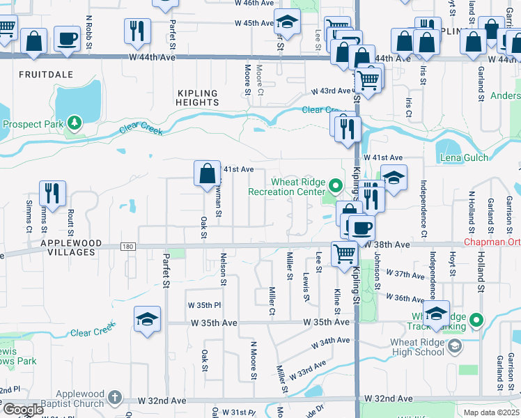 map of restaurants, bars, coffee shops, grocery stores, and more near 3895 Miller Court in Wheat Ridge