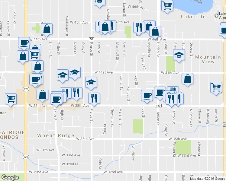 map of restaurants, bars, coffee shops, grocery stores, and more near 3945 Marshall Street in Wheat Ridge