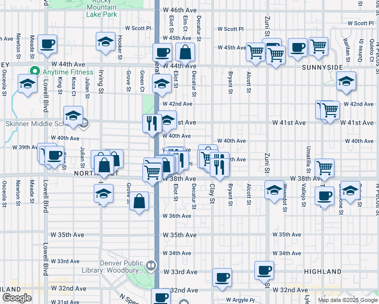 map of restaurants, bars, coffee shops, grocery stores, and more near 2771 West 39th Avenue in Denver