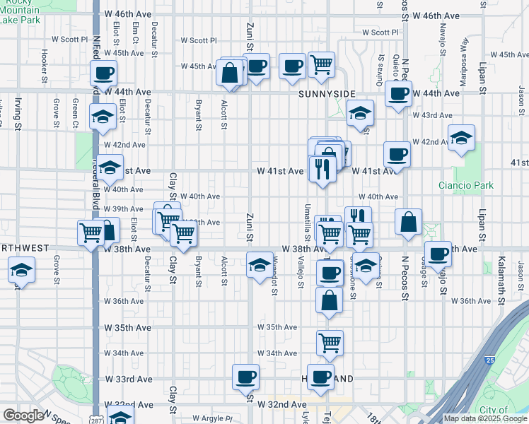 map of restaurants, bars, coffee shops, grocery stores, and more near 3923 Wyandot Street in Denver