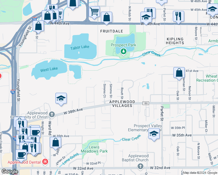 map of restaurants, bars, coffee shops, grocery stores, and more near 3925 Simms Street in Wheat Ridge