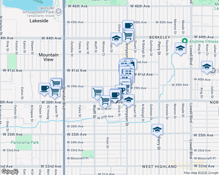 map of restaurants, bars, coffee shops, grocery stores, and more near 3891 Vrain Street in Denver