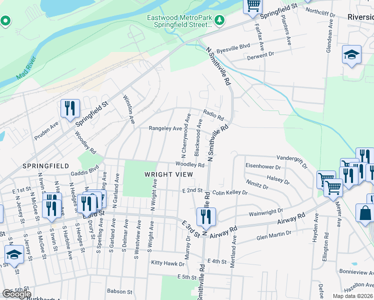 map of restaurants, bars, coffee shops, grocery stores, and more near 228 North Cherrywood Avenue in Dayton