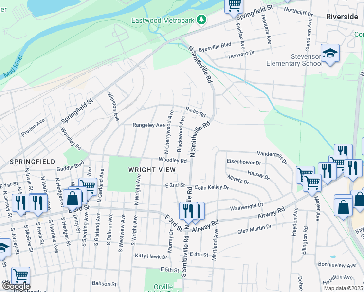 map of restaurants, bars, coffee shops, grocery stores, and more near 230 Blackwood Avenue in Dayton