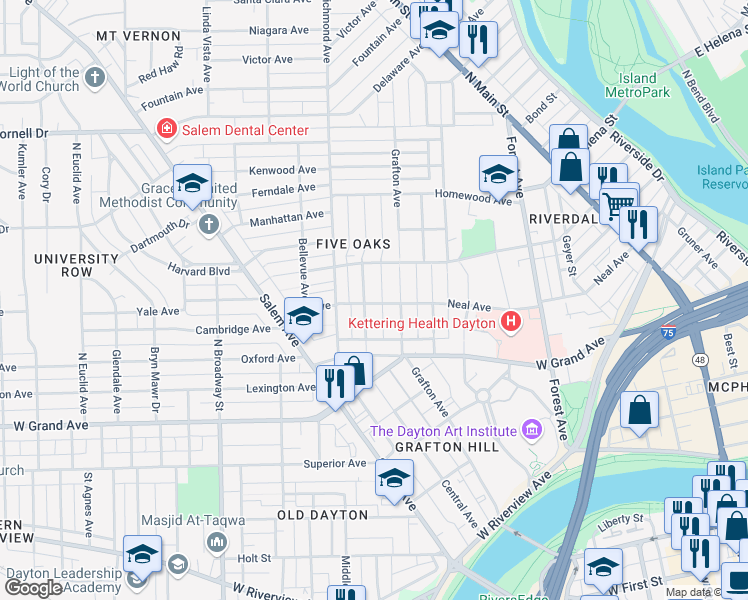 map of restaurants, bars, coffee shops, grocery stores, and more near 621 Neal Avenue in Dayton