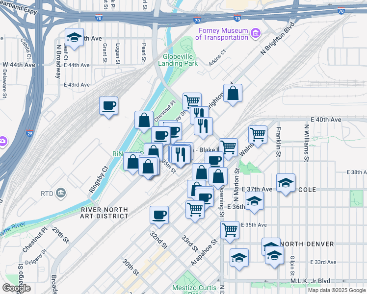 map of restaurants, bars, coffee shops, grocery stores, and more near 3650 Wynkoop Street in Denver
