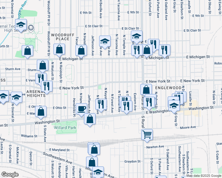 map of restaurants, bars, coffee shops, grocery stores, and more near 238 North Forest Avenue in Indianapolis