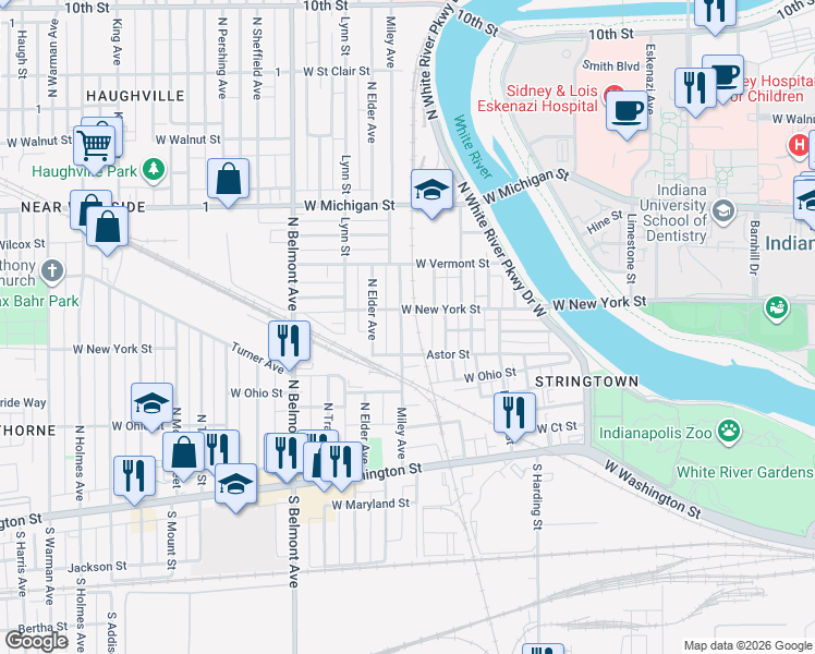 map of restaurants, bars, coffee shops, grocery stores, and more near 268 Miley Avenue in Indianapolis