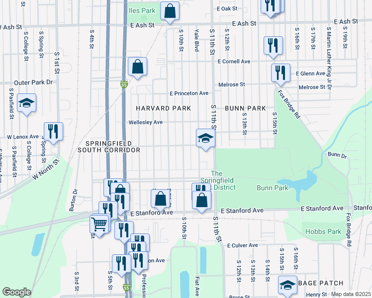 map of restaurants, bars, coffee shops, grocery stores, and more near 2504 South 10th Street in Springfield