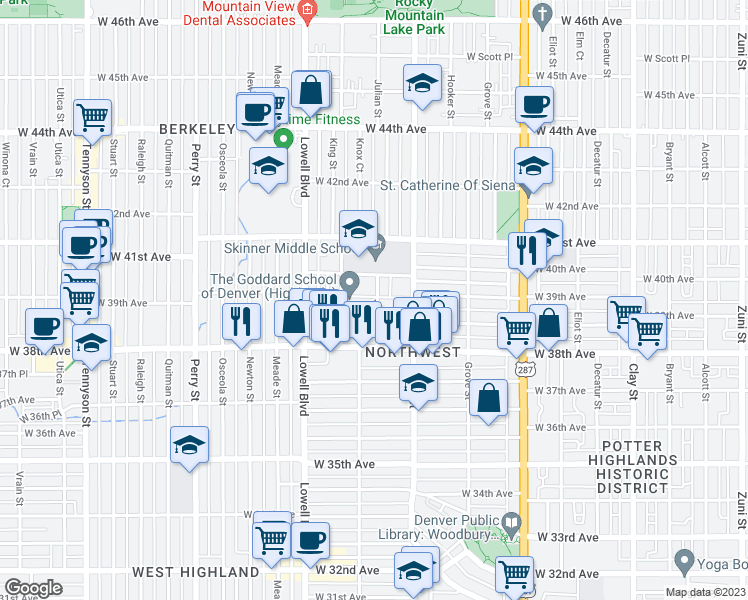 map of restaurants, bars, coffee shops, grocery stores, and more near 3915 Julian Street in Denver