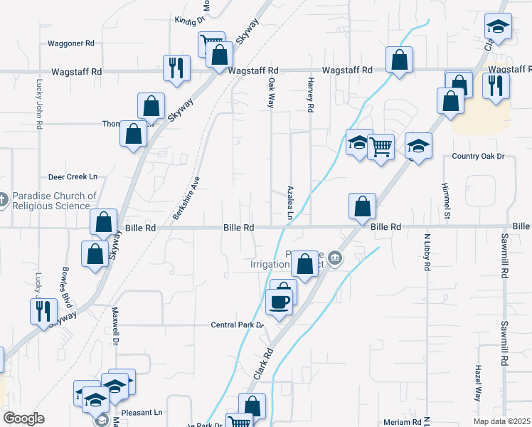 map of restaurants, bars, coffee shops, grocery stores, and more near 6209 Oak Way in Paradise