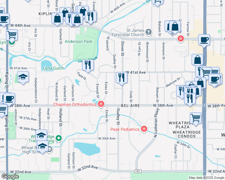 map of restaurants, bars, coffee shops, grocery stores, and more near 3895 Dudley Street in Wheat Ridge