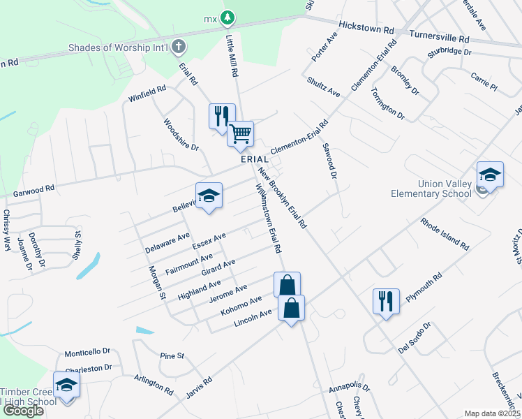 map of restaurants, bars, coffee shops, grocery stores, and more near 1889 Williamstown Erial Road in Sicklerville