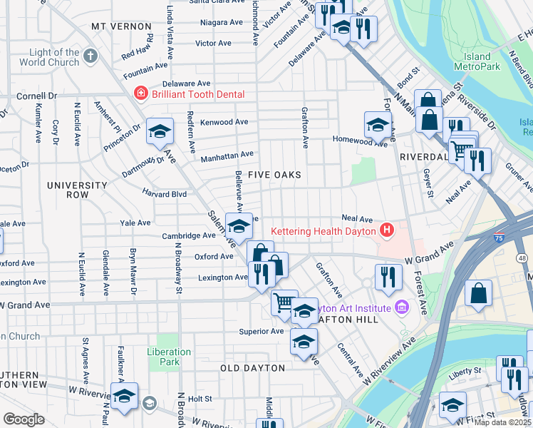 map of restaurants, bars, coffee shops, grocery stores, and more near 100 Richmond Avenue in Dayton