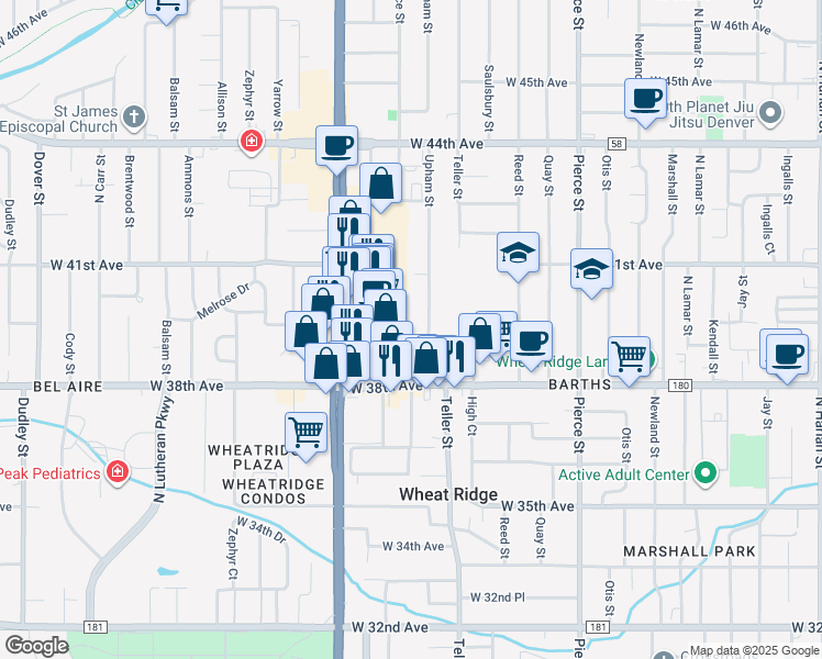 map of restaurants, bars, coffee shops, grocery stores, and more near 3885 Upham Street in Wheat Ridge