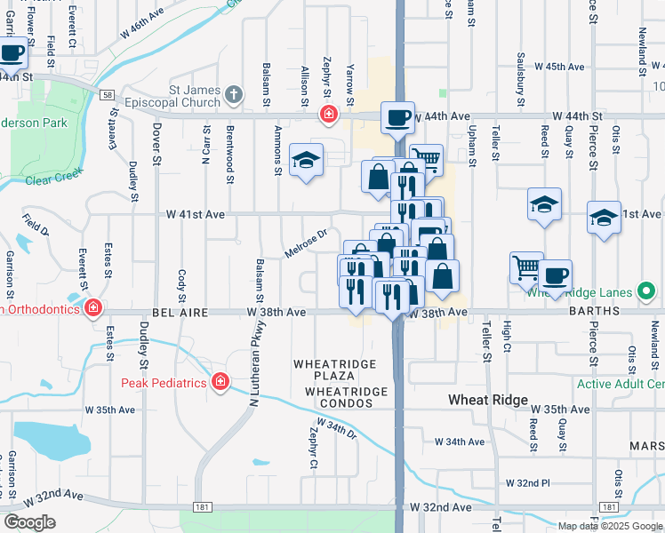 map of restaurants, bars, coffee shops, grocery stores, and more near 7821 West 38th Avenue in Wheat Ridge