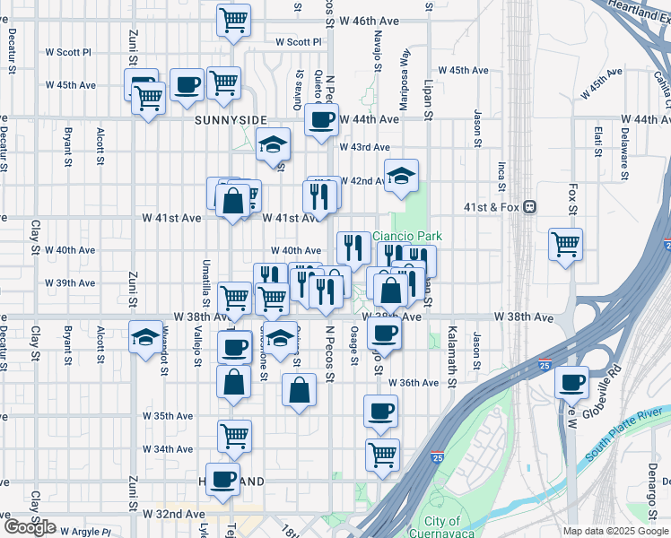 map of restaurants, bars, coffee shops, grocery stores, and more near 3922 North Pecos Street in Denver